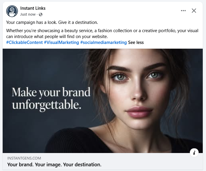 Facebook link preview featuring a woman's portrait and the message Make your brand unforgettable.