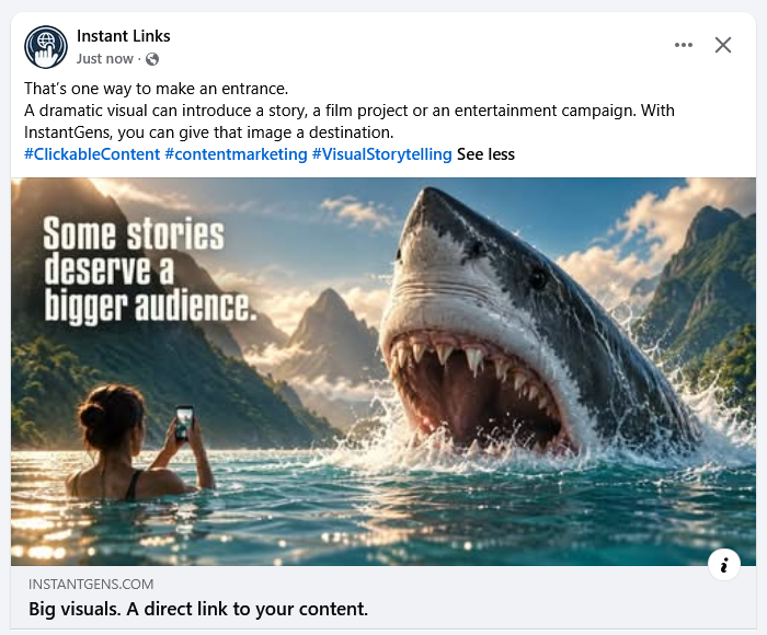 Facebook link preview featuring a giant shark emerging from the water and the message Some stories deserve a bigger audience.